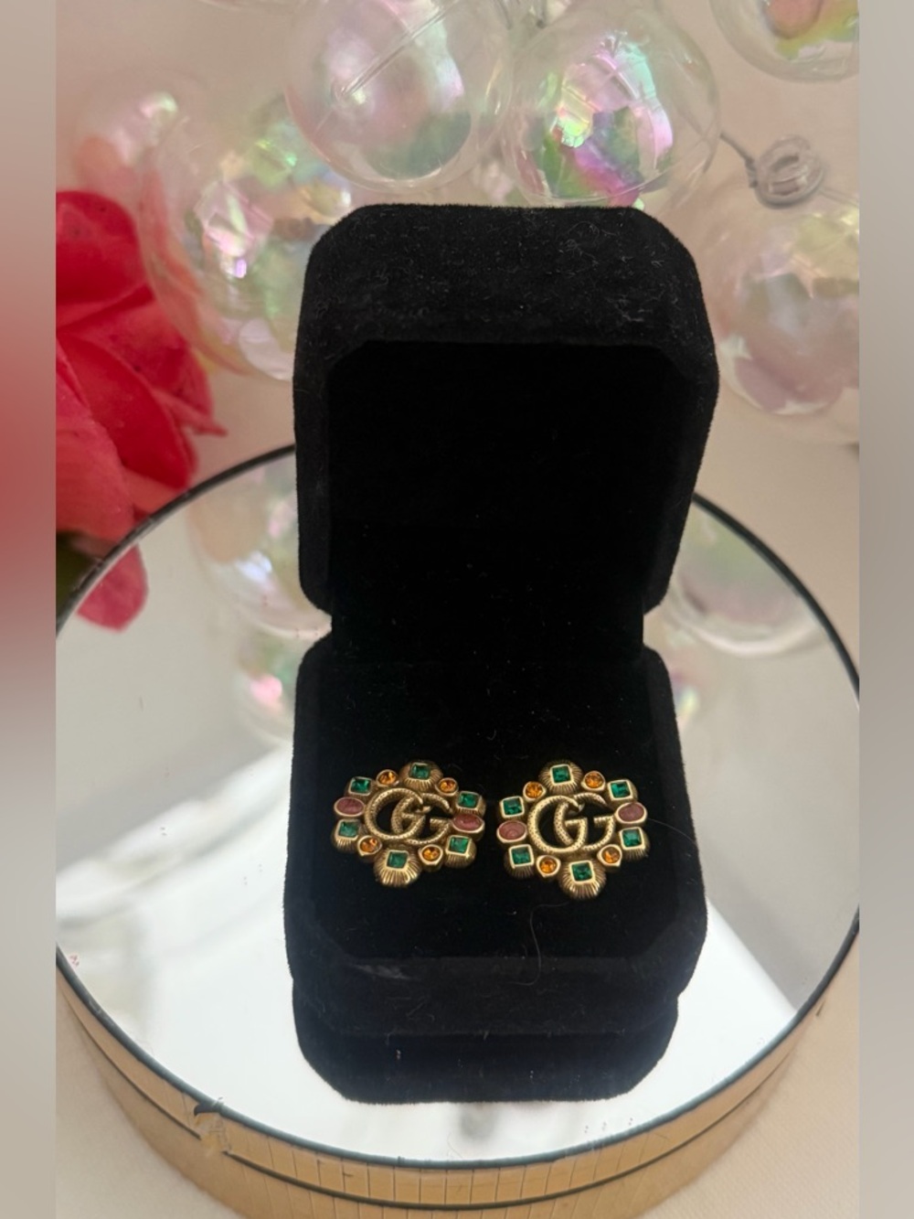 GG Gold Pink and Green Crystals  Stud Earrings New